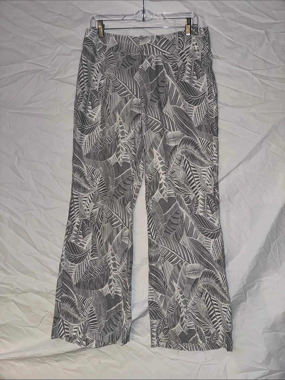 ecru Grey Leaf-Print 100% Silk Wide Leg Trousers